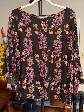 Long-Sleeve Black Floral Paisley Dress with Bell Sleeves